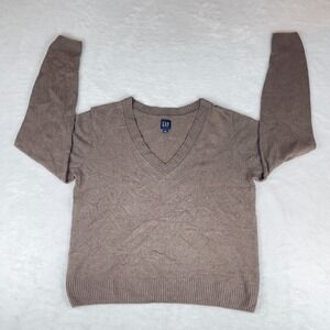 Gap Crop Sweater Womens Medium Gray Heather Knitted Long Sleeve Slim‎ Fit V Neck